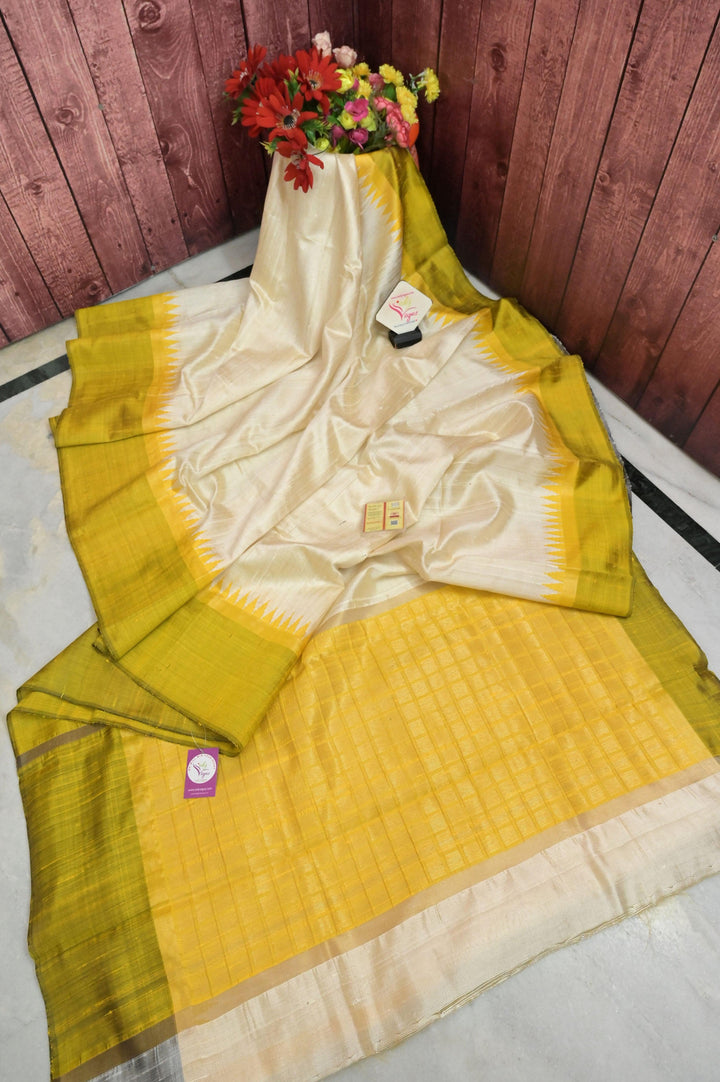 Butter Cream and Lime Yellow Color Raw Silk Saree with Temple Border