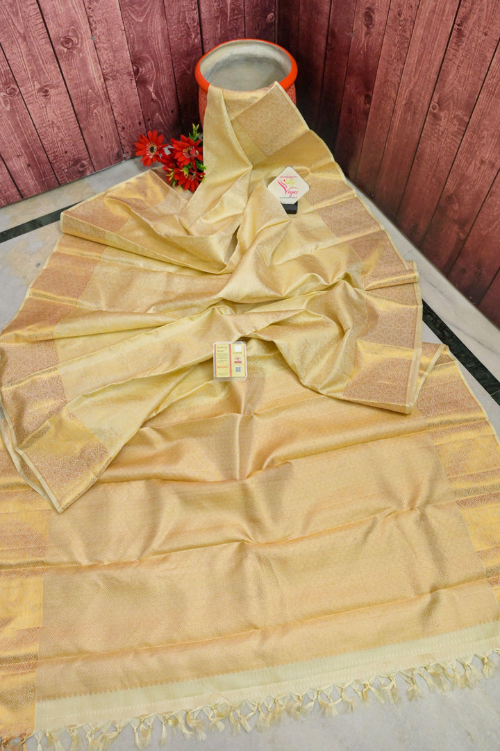 Butter Cream Color Pure Gold Zari Kanjeevaram Silk Saree with Allover Zari Self-Weaving
