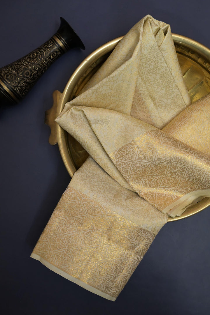 Butter Cream Color Pure Gold Zari Kanjeevaram Silk Saree with Allover Zari Self-Weaving