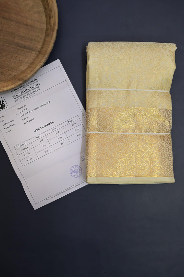 Butter Cream Color Pure Gold Zari Kanjeevaram Silk Saree with Allover Zari Self-Weaving