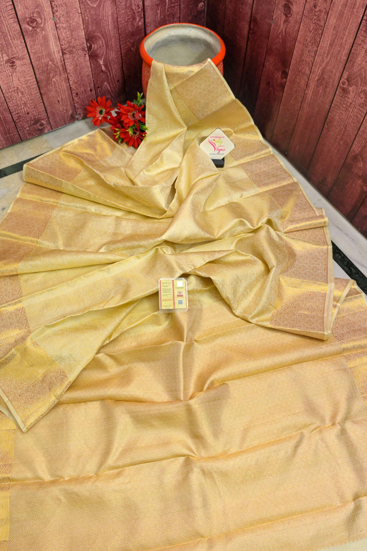 Butter Cream Color Pure Gold Zari Kanjeevaram Silk Saree with Allover Zari Self-Weaving
