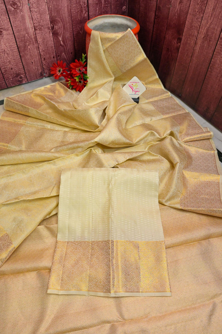 Butter Cream Color Pure Gold Zari Kanjeevaram Silk Saree with Allover Zari Self-Weaving