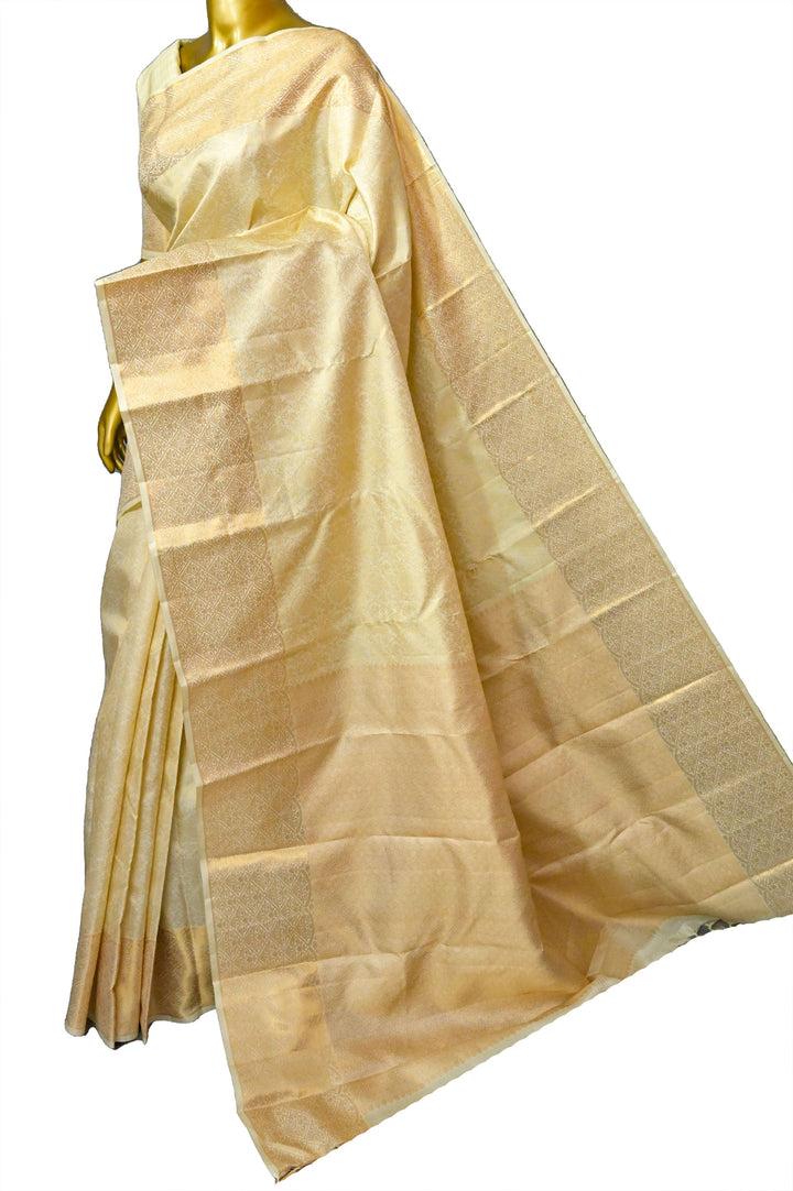 Butter Cream Color Pure Gold Zari Kanjeevaram Silk Saree with Allover Zari Self-Weaving