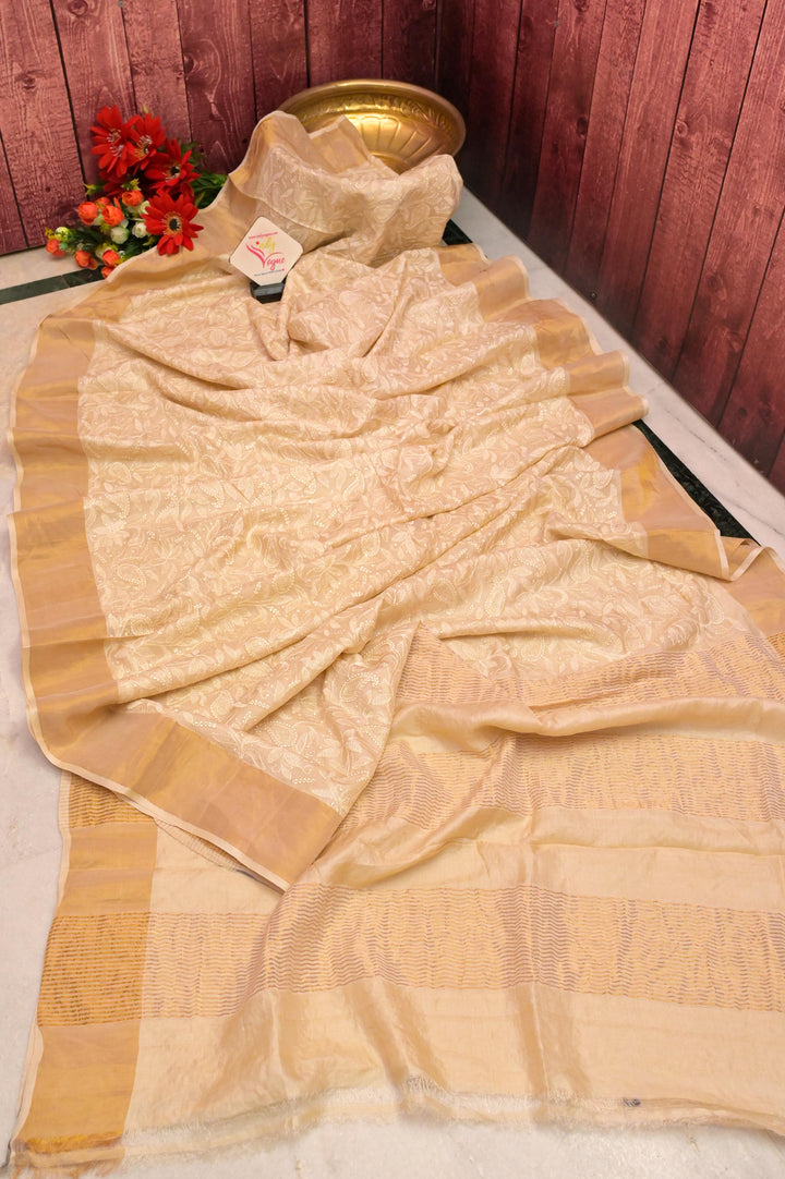 Butter Cream Color Tussar Silk with Chikankari Embroidery and Zari Border