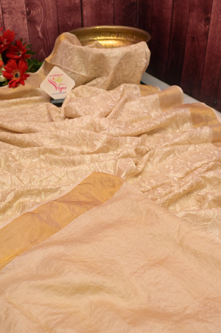 Butter Cream Color Tussar Silk with Chikankari Embroidery and Zari Border