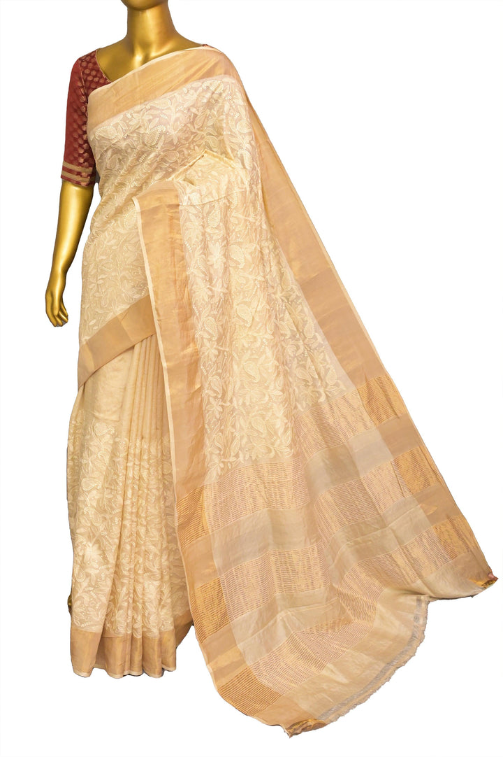 Butter Cream Color Tussar Silk with Chikankari Embroidery and Zari Border