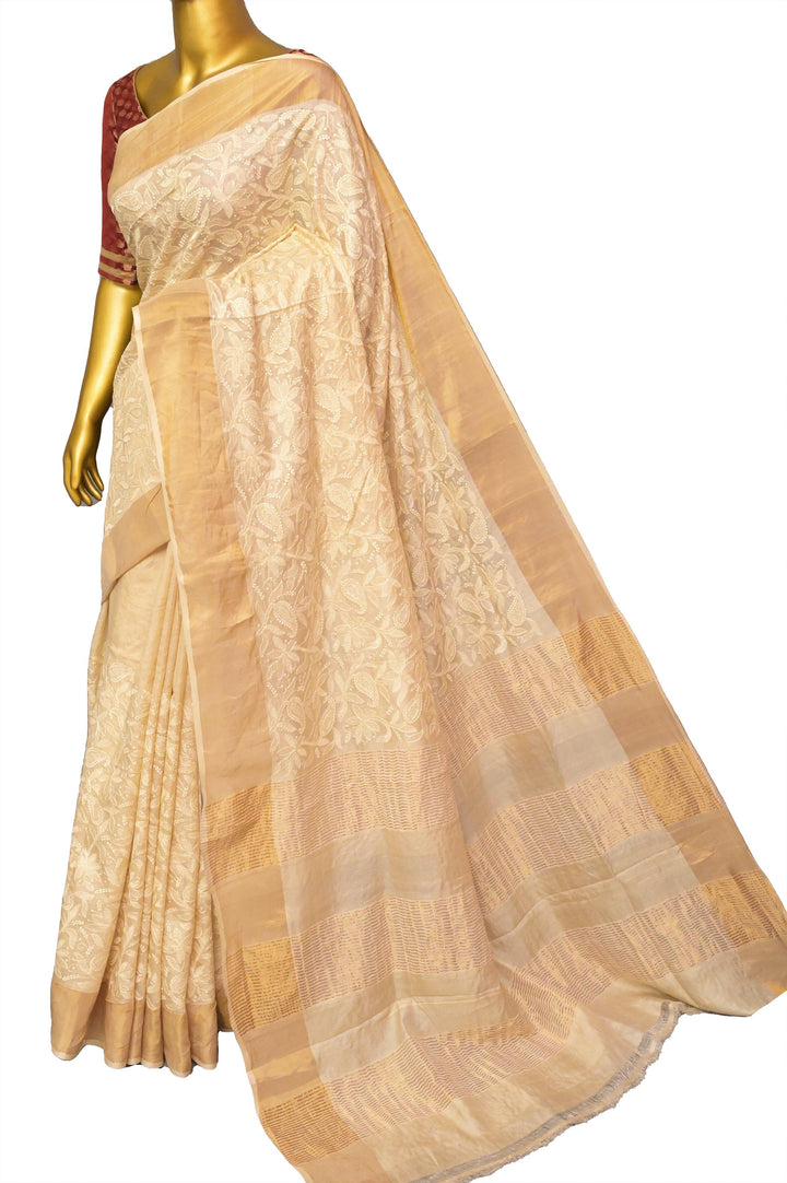 Butter Cream Color Tussar Silk with Chikankari Embroidery and Zari Border