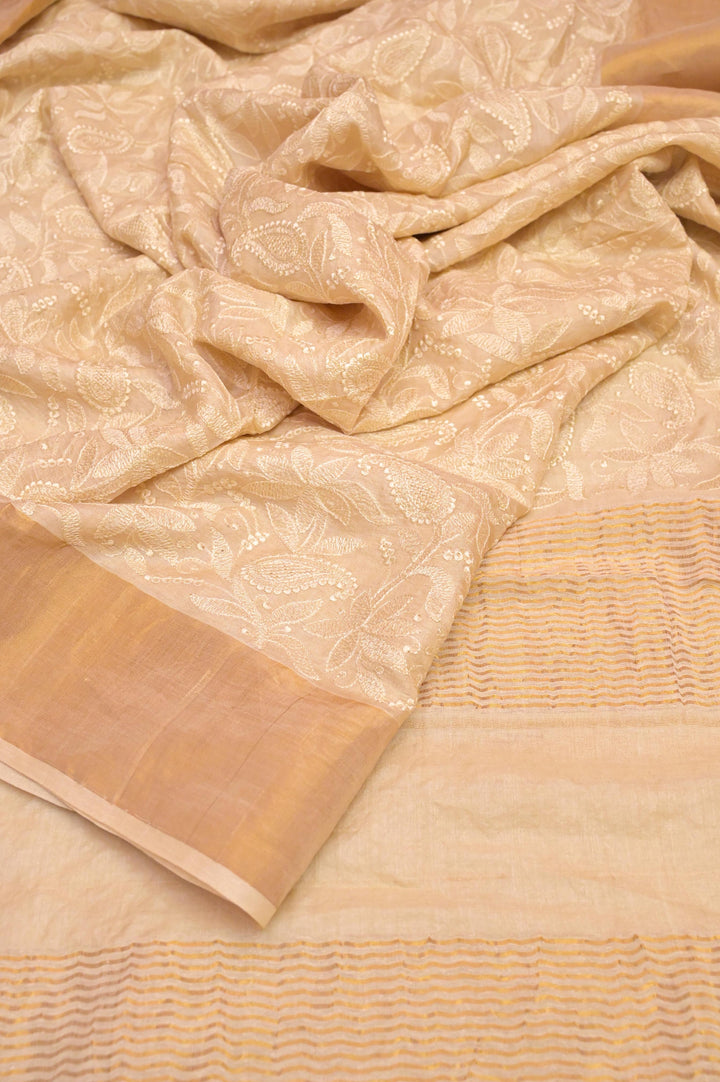 Butter Cream Color Tussar Silk with Chikankari Embroidery and Zari Border