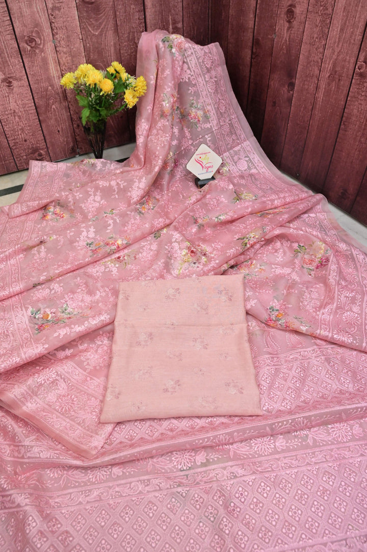 Candy Pink Color Organza Saree with Digital Print and Chikankari