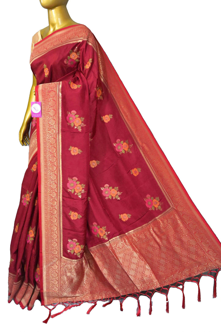 Carmine Red Color Muga Banarasi Silk Saree with Floral Work