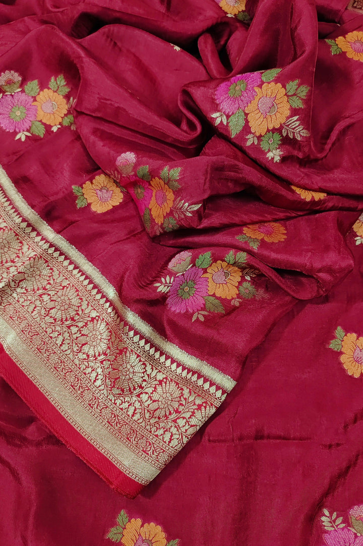 Carmine Red Color Muga Banarasi Silk Saree with Floral Work