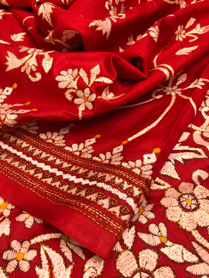 Carmine Red Color Pure Bangalore Silk Saree with Banarasi Style Jaal Work & Kantha Embroidery
