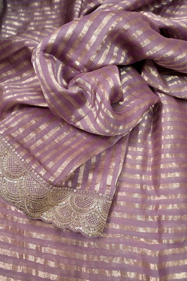 Chanderi Saree in English Lavender Color with Allover SIlver Zari Stripe Work and Designer Zari Border
