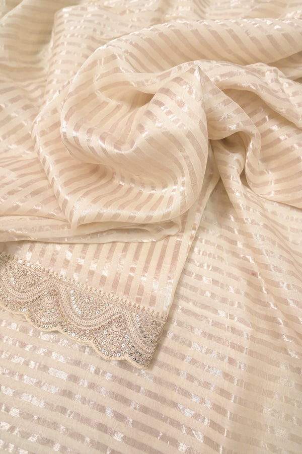 Chanderi Silk Saree in Offwhite Color with Silver Zari Stripe Allover with Designer Zari Border