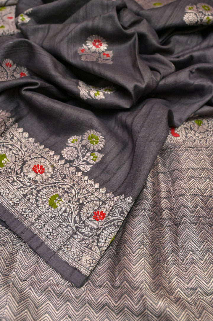 Charcoal Gray Color Tussar Georgette Banarasi with Silver Zari & Meenakari Work