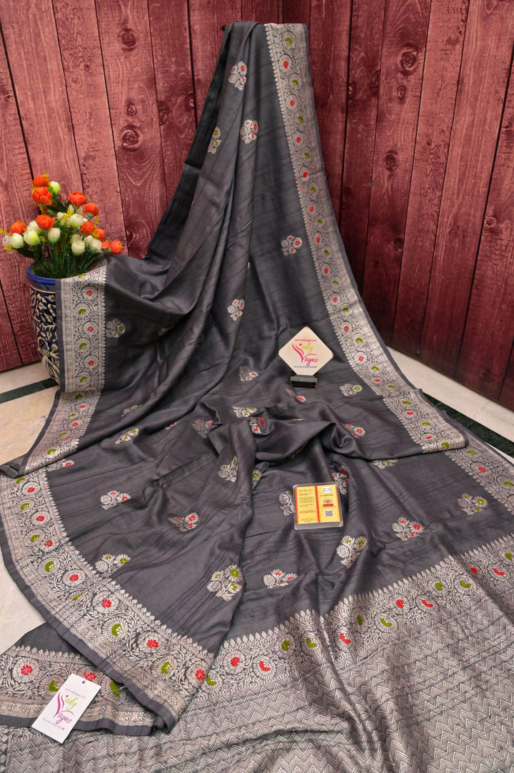 Charcoal Gray Color Tussar Georgette Banarasi with Silver Zari & Meenakari Work