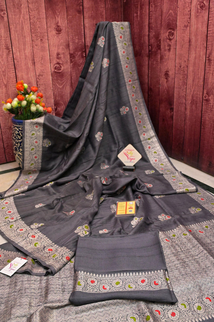 Charcoal Gray Color Tussar Georgette Banarasi with Silver Zari & Meenakari Work