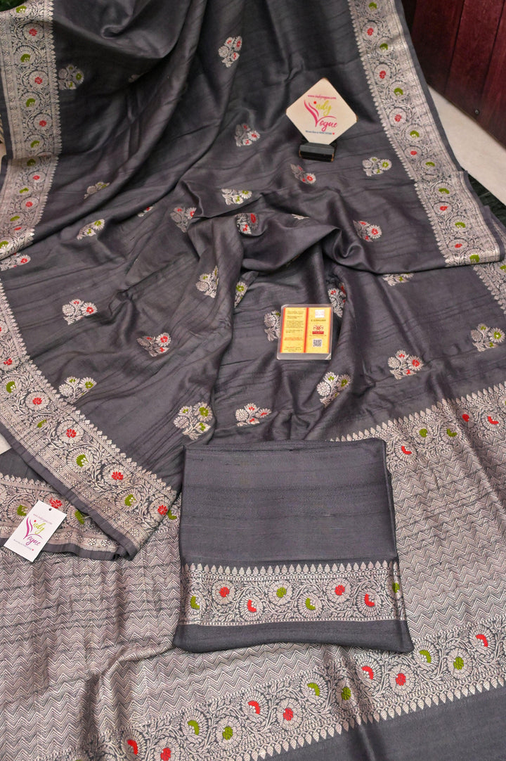 Charcoal Gray Color Tussar Georgette Banarasi with Silver Zari & Meenakari Work
