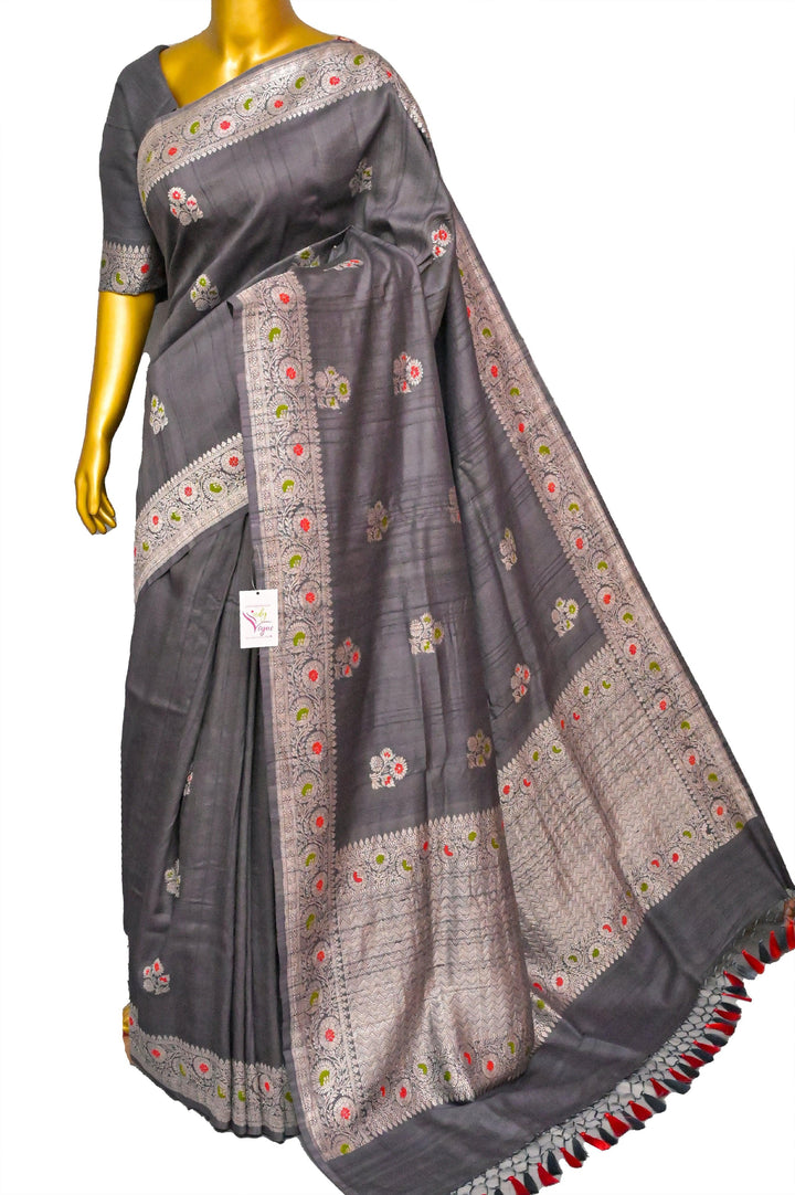 Charcoal Gray Color Tussar Georgette Banarasi with Silver Zari & Meenakari Work