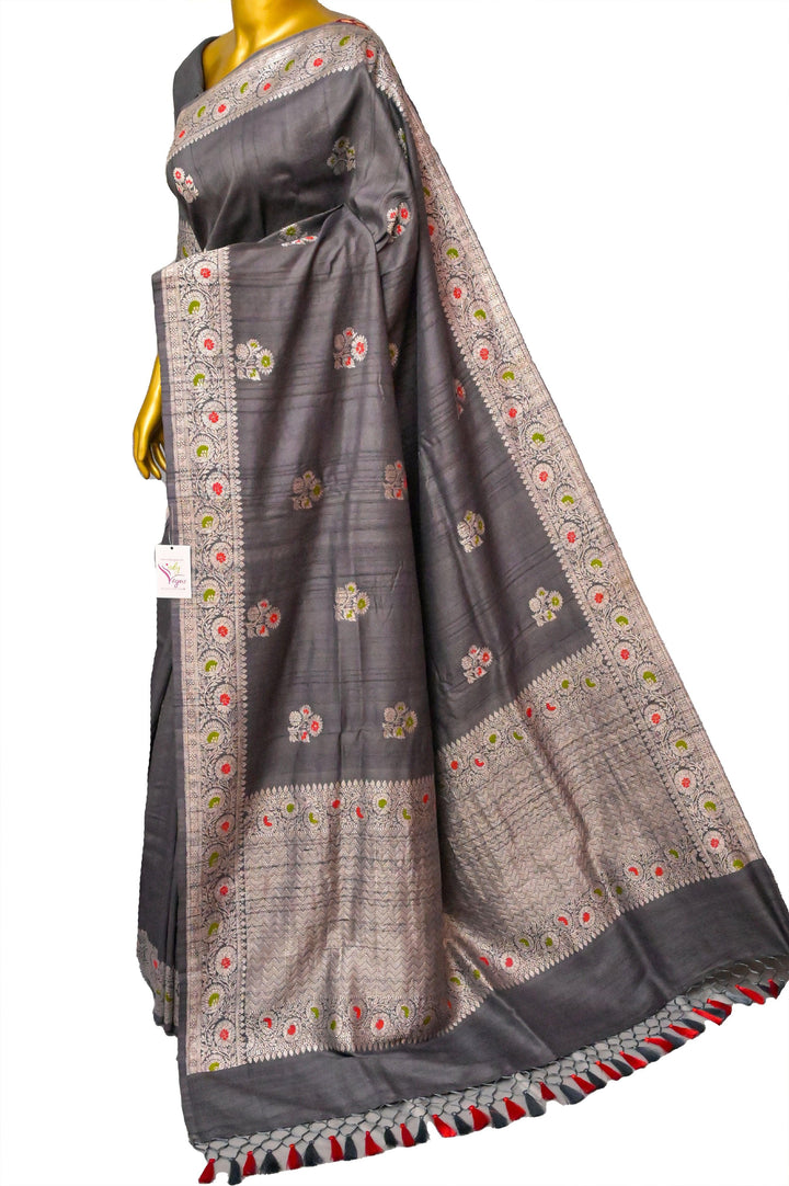 Charcoal Gray Color Tussar Georgette Banarasi with Silver Zari & Meenakari Work