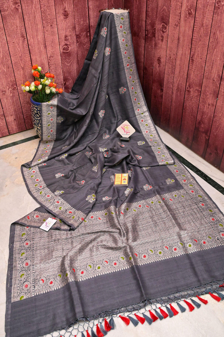 Charcoal Gray Color Tussar Georgette Banarasi with Silver Zari & Meenakari Work