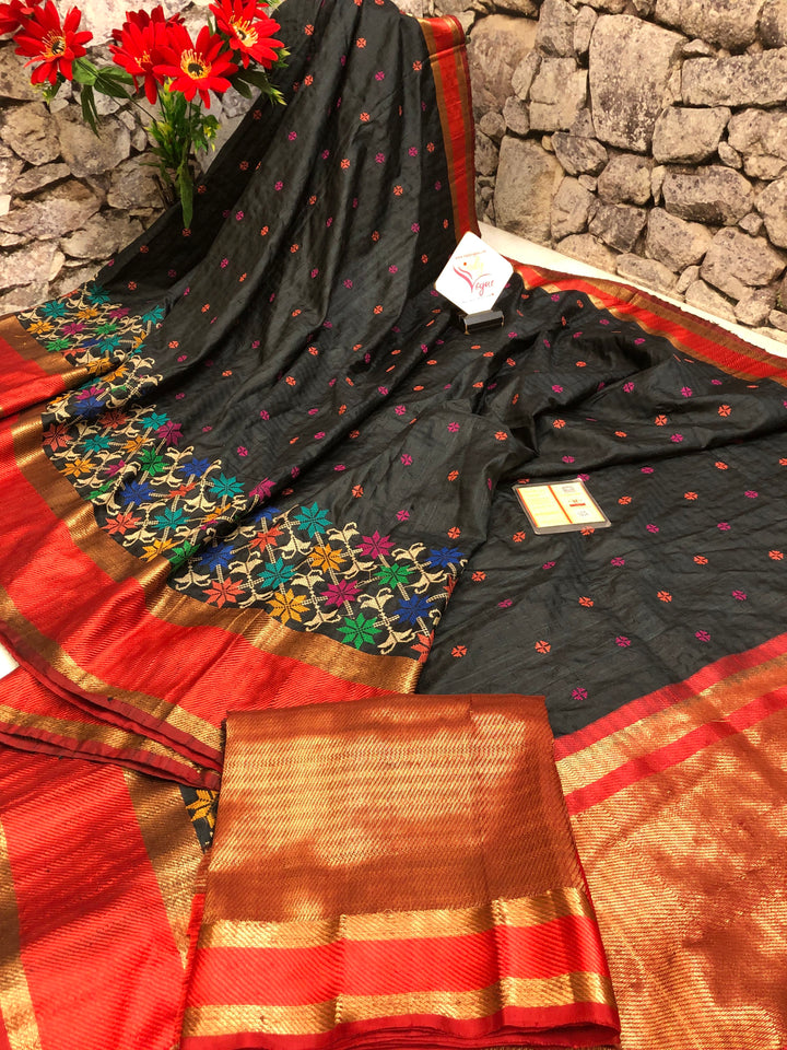 Coal Black and Red Color Tussar Banarasi Saree with Embroidery Work