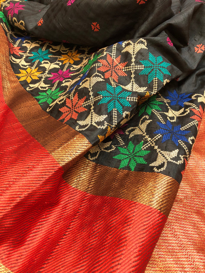 Coal Black and Red Color Tussar Banarasi Saree with Embroidery Work