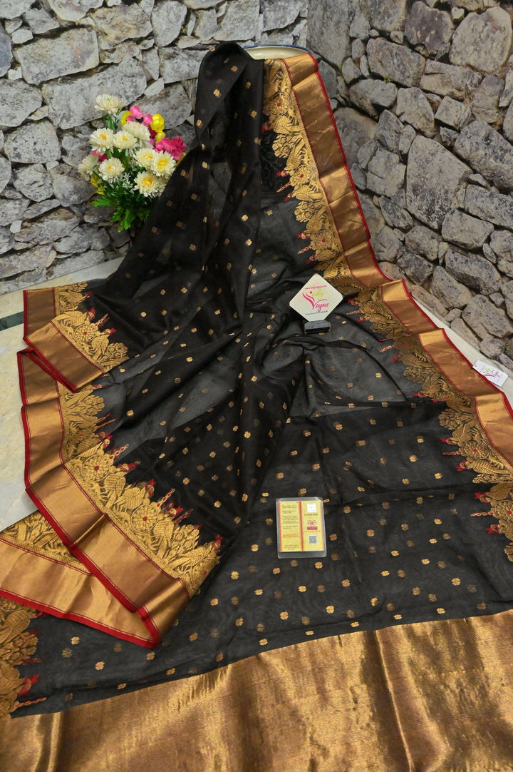 Coal Black Color Pure Chanderi Banarasi Silk Saree with Meenakari Work