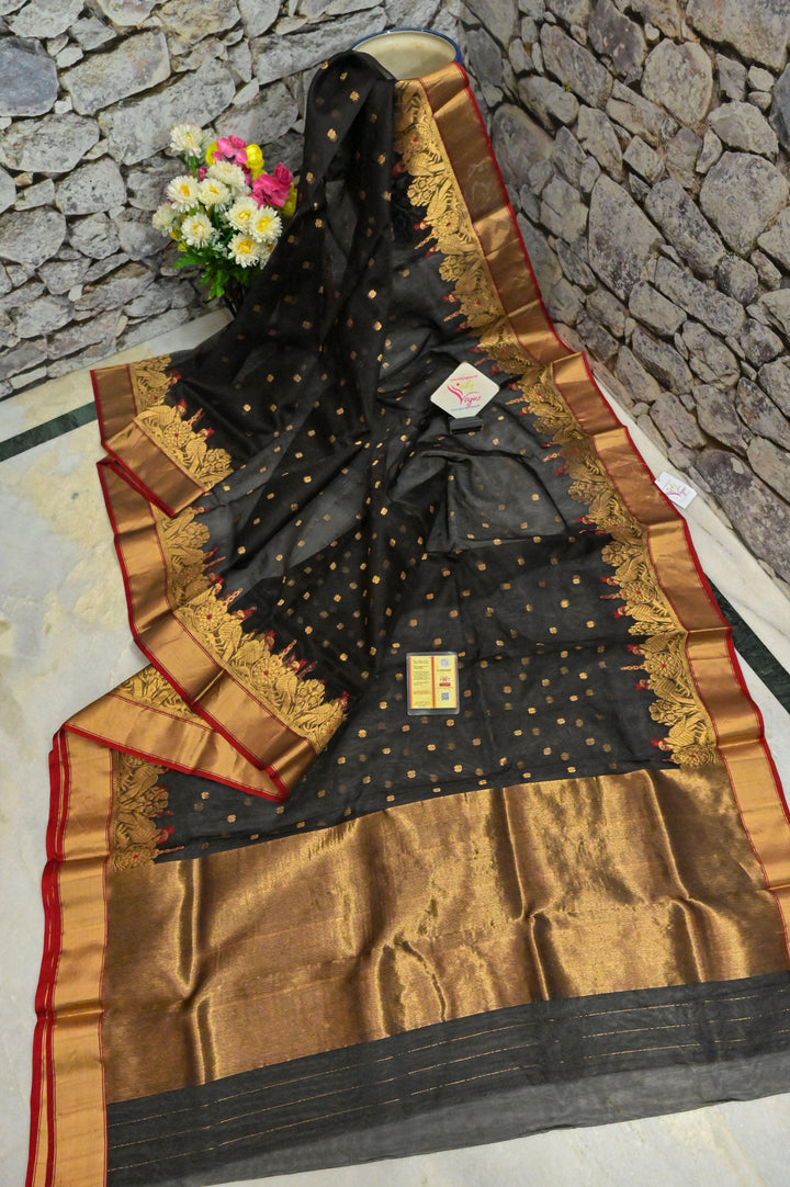 Coal Black Color Pure Chanderi Banarasi Silk Saree with Meenakari Work
