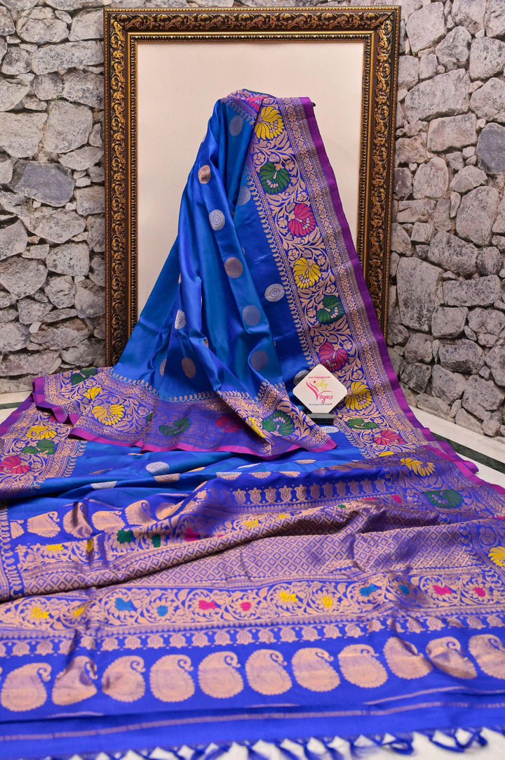Cobalt Blue and Green Dual Tone Gadwal Silk with Meenakari Border