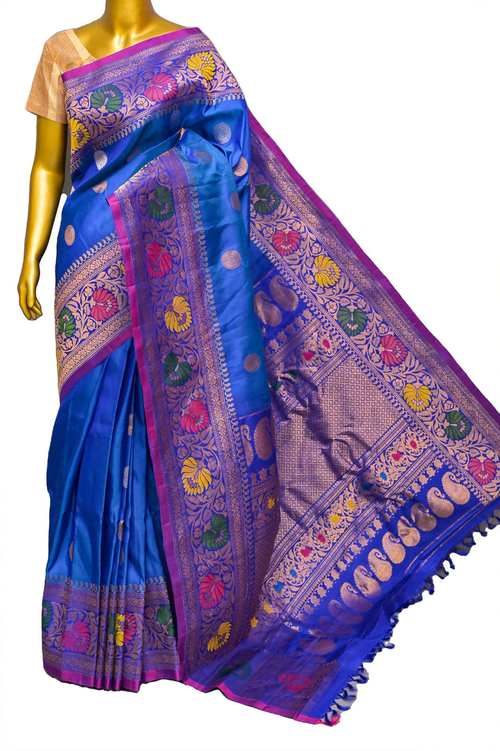 Cobalt Blue and Green Dual Tone Gadwal Silk with Meenakari Border