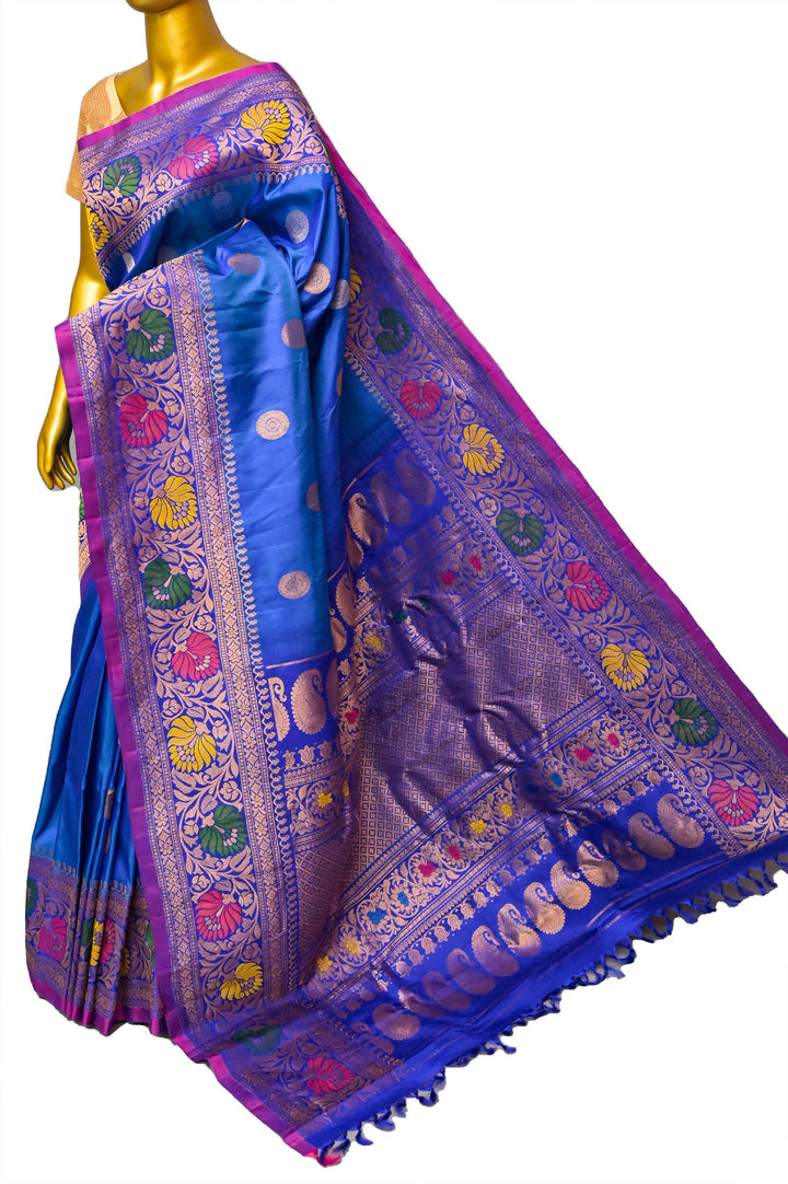 Cobalt Blue and Green Dual Tone Gadwal Silk with Meenakari Border