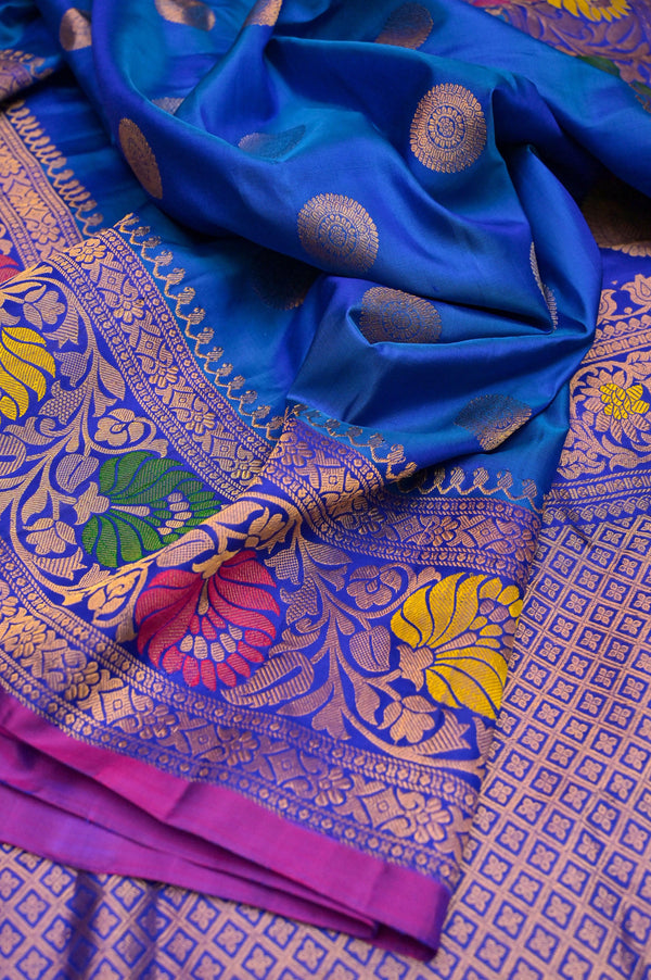 Cobalt Blue and Green Dual Tone Gadwal Silk with Meenakari Border