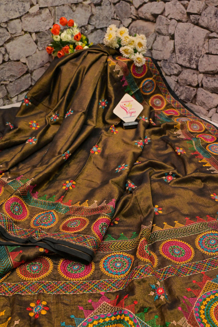 Copper Golden and Black Color Cotton Tissue Saree with Lambani Embroidery