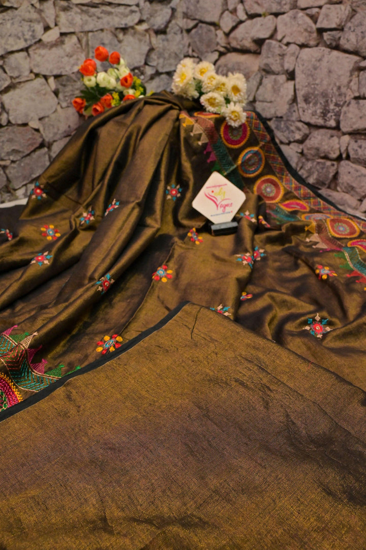 Copper Golden and Black Color Cotton Tissue Saree with Lambani Embroidery