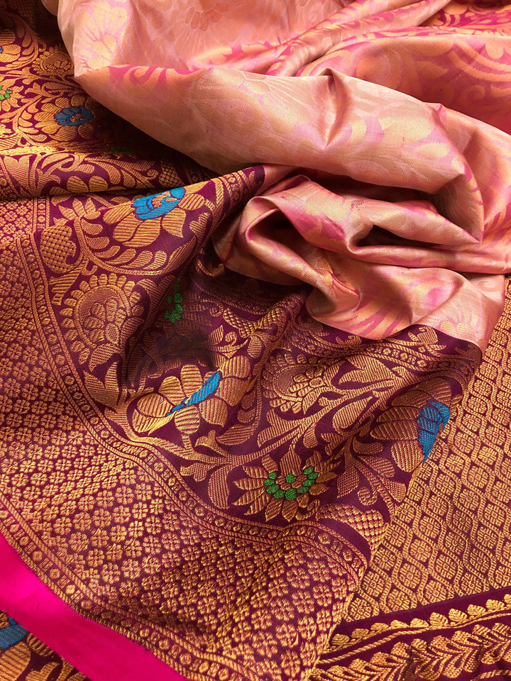 Coral Pink and Beetroot Color Brocade Gadwal Silk Saree with Meenakari Work