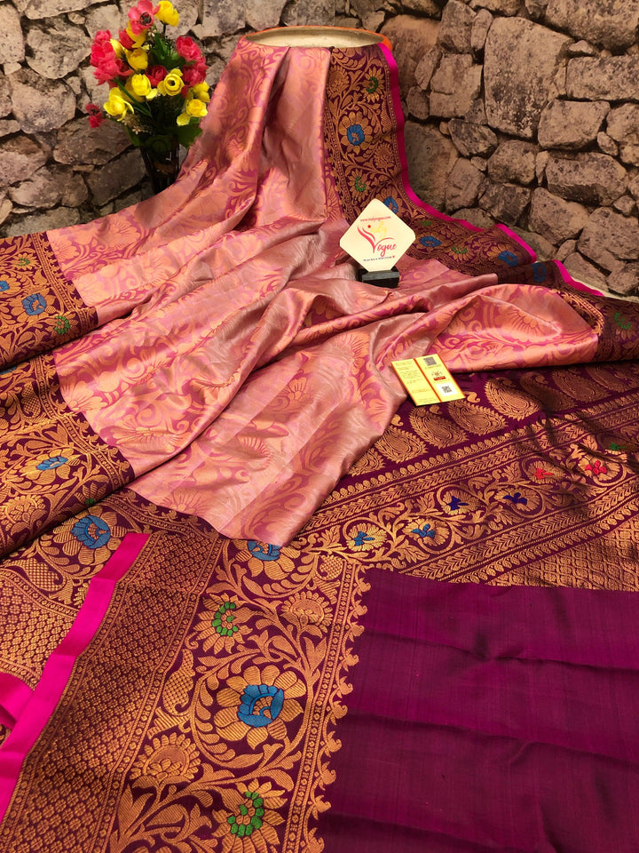 Coral Pink and Beetroot Color Brocade Gadwal Silk Saree with Meenakari Work