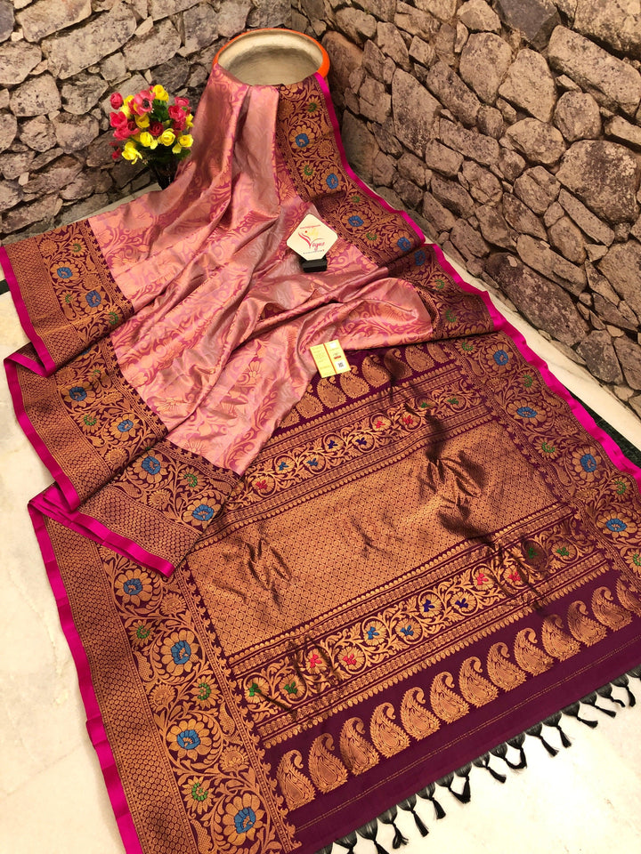 Coral Pink and Beetroot Color Brocade Gadwal Silk Saree with Meenakari Work