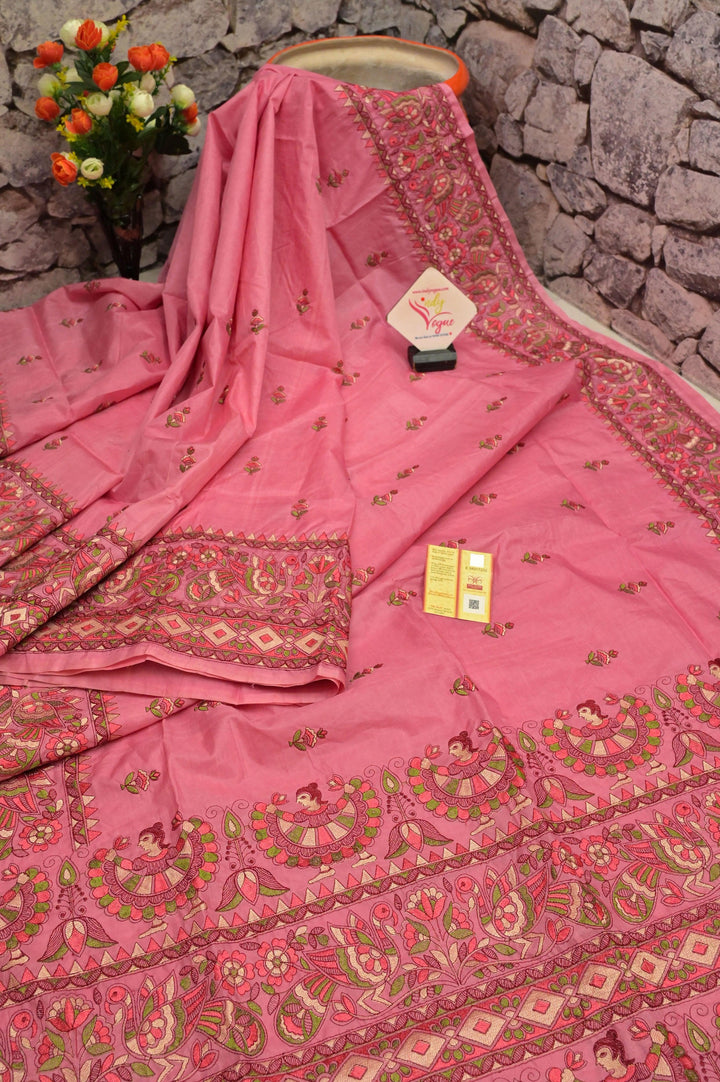 Coral Pink Color Pure Bangalore Silk Saree with Madhubani Style Embroidery