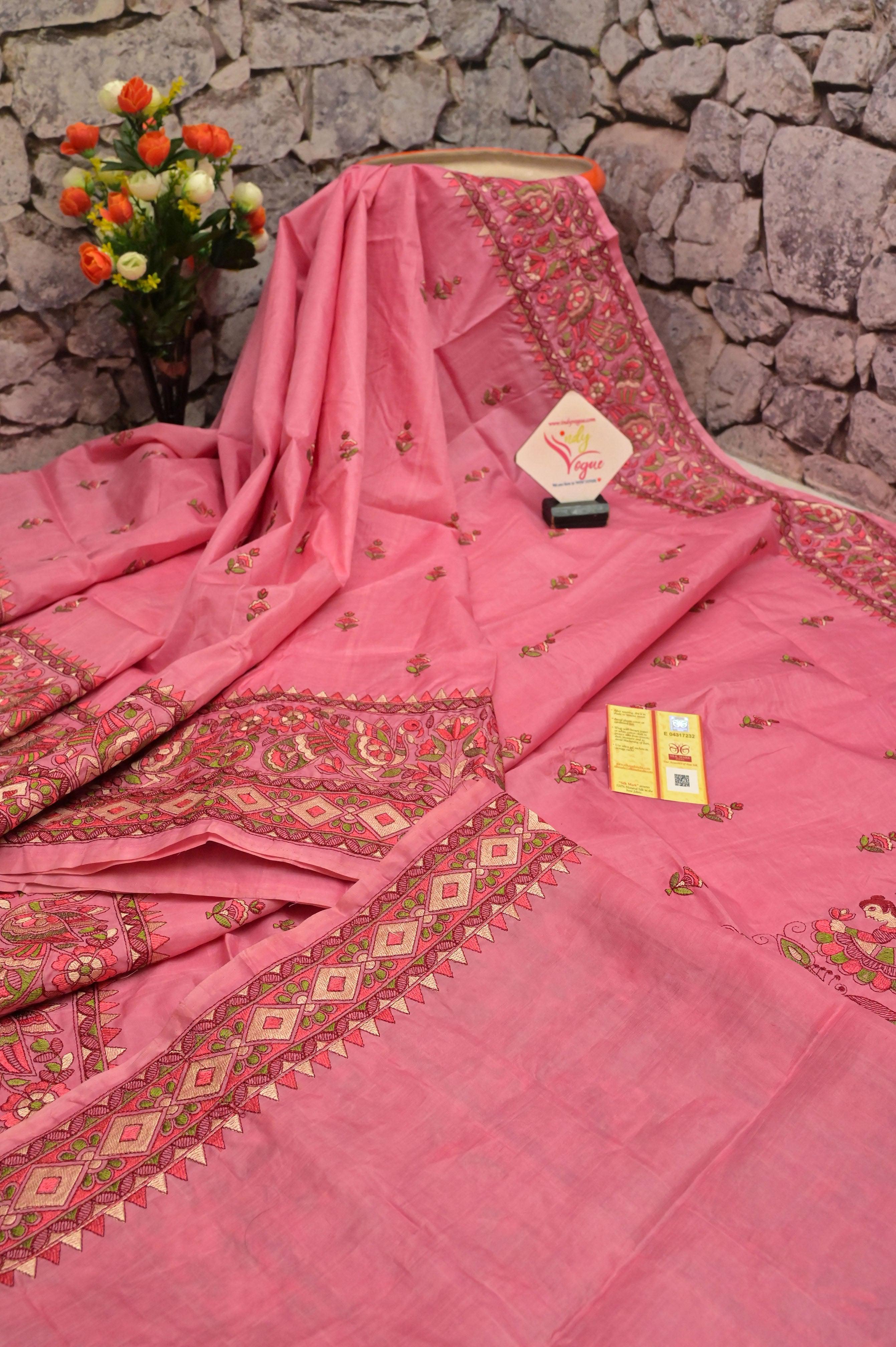 Buy Handwoven Coral Pink Tussar Silk Saree with Wine Color Palla. by BANKA  SILK at Ogaan Market Online Shopping Site