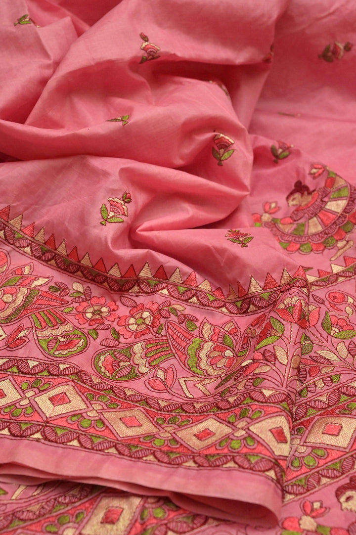 Coral Pink Color Pure Bangalore Silk Saree with Madhubani Style Embroidery