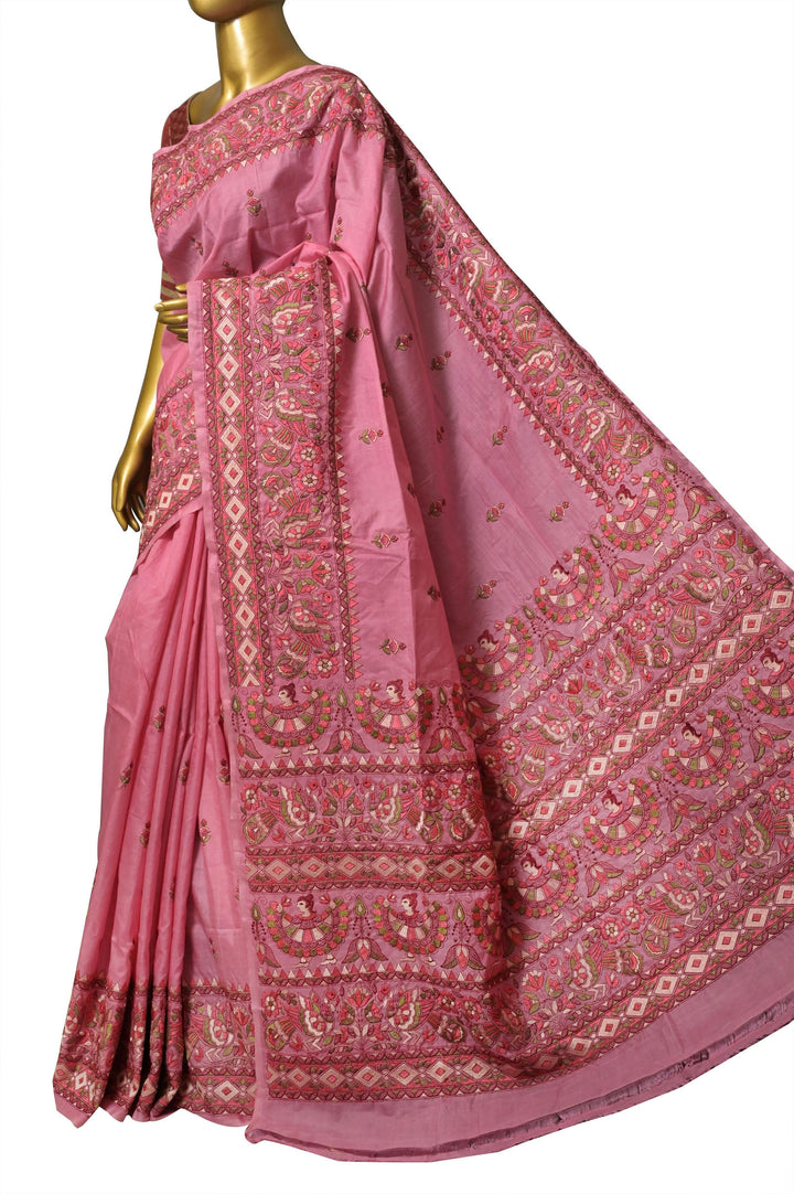 Coral Pink Color Pure Bangalore Silk Saree with Madhubani Style Embroidery