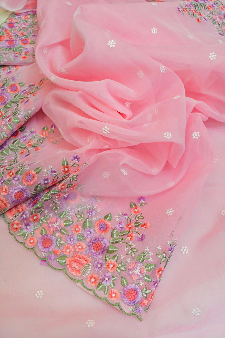 Cotton Pink Color Organza Saree with Floral Machine Embroidery