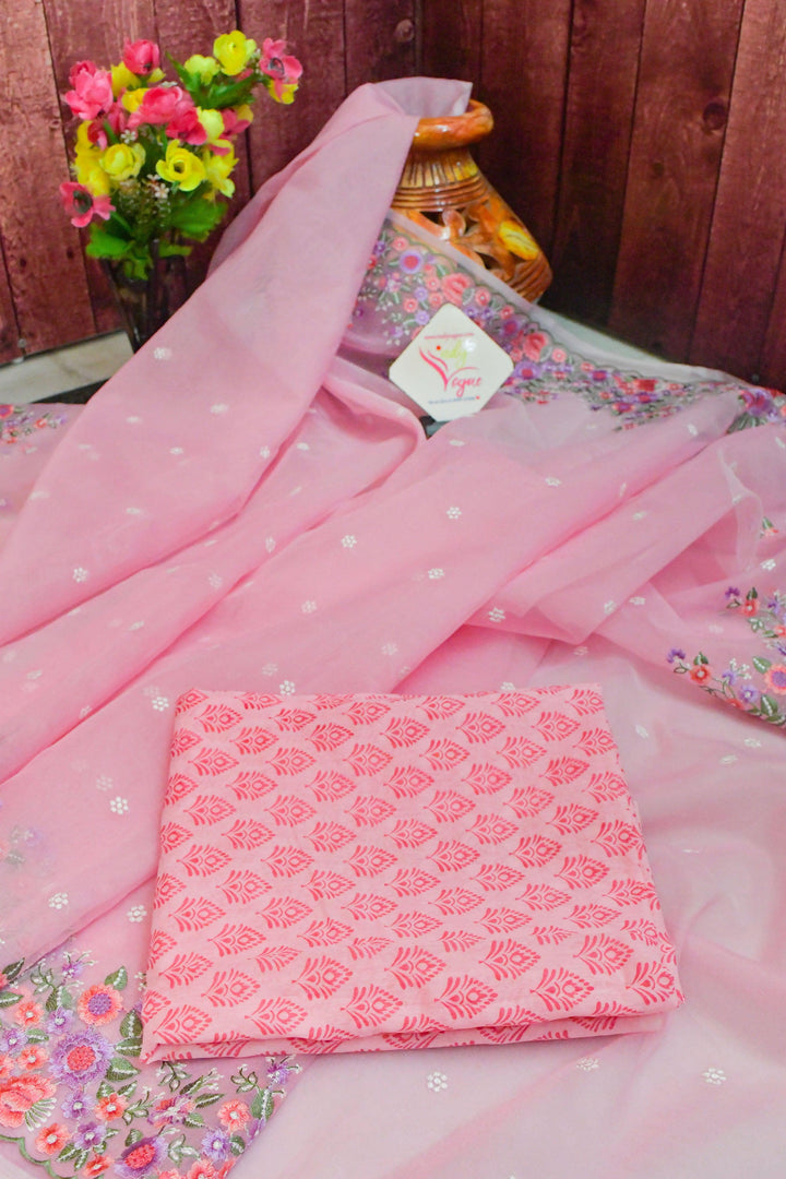Cotton Pink Color Organza Saree with Floral Machine Embroidery