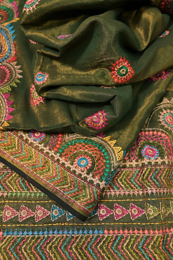 Cotton Tissue Saree in Dark Green and Golden with Allover Lambani Embroidery and Golden Border