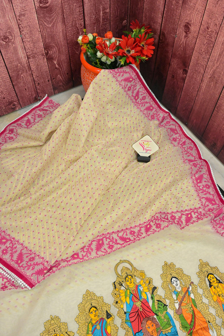 Cream and Pink Color Durga Jamdani Saree with Embroidery and Lace Work