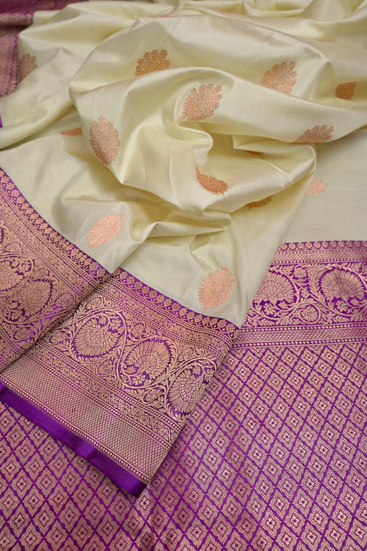 Cream and Purple Color Pure Katan Banarasi with Golden Butta Work