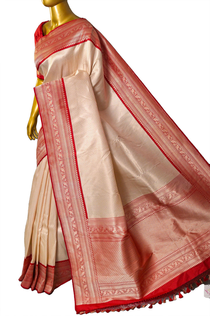 Cream and Red Color Brocade Katan Banarasi Saree with Self-Weaving