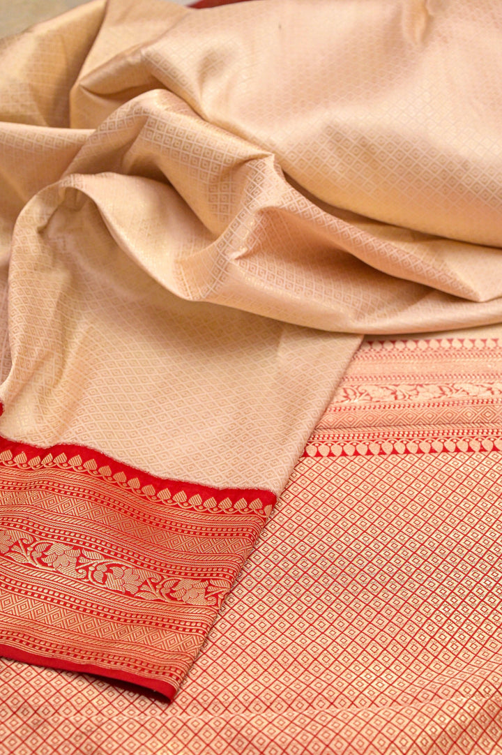 Cream and Red Color Brocade Katan Banarasi Saree with Self-Weaving