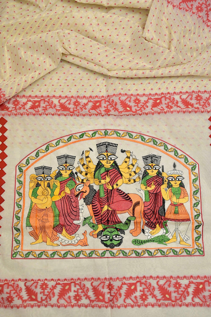 Cream and Red Color Designer Durga Jamdani Saree with Embroidered Durga Family on Pallu